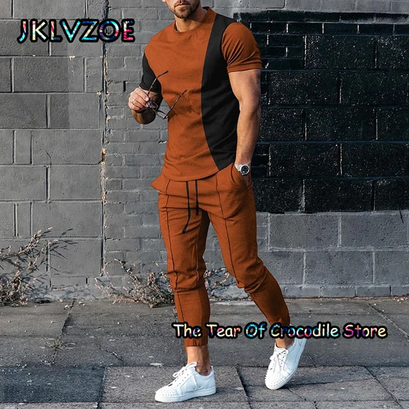 Newest Stitching Patter Men's Trousers 2 Piece Sets Print Summer Plaid t Shirt Short Sleeve+Long Pants Street Tracksuit Clothing