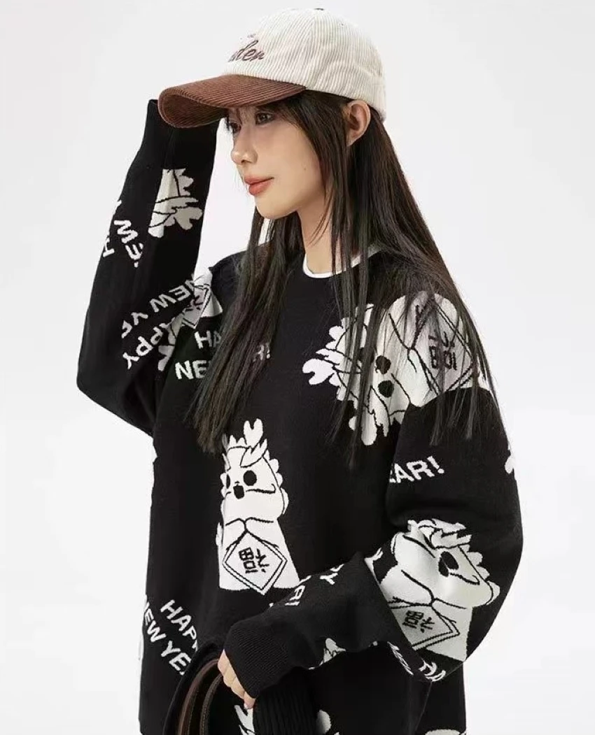 Китайский новогодний красный свитер Loong Element для мужчин и женщин модная свободная