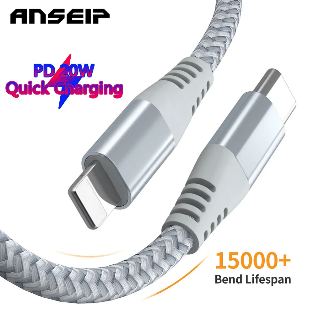 Новинка, кабель ANSEIP с разъемом типа C и Lightning PD 20 Вт для быстрой зарядки iPhone 11 14 13 12 Pro Max, гибкий кабель, шнур USB C IOS, быстрая зарядка