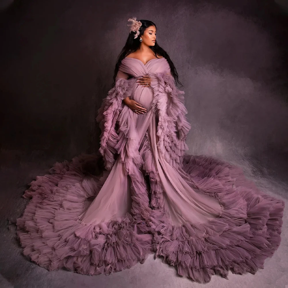 

Luxury Maternity Dress for PhotoShoot Floor Length Front Split Women Gowns Long Sleeve Puffy Tulle Tiered Ruffles Pregnant Robes