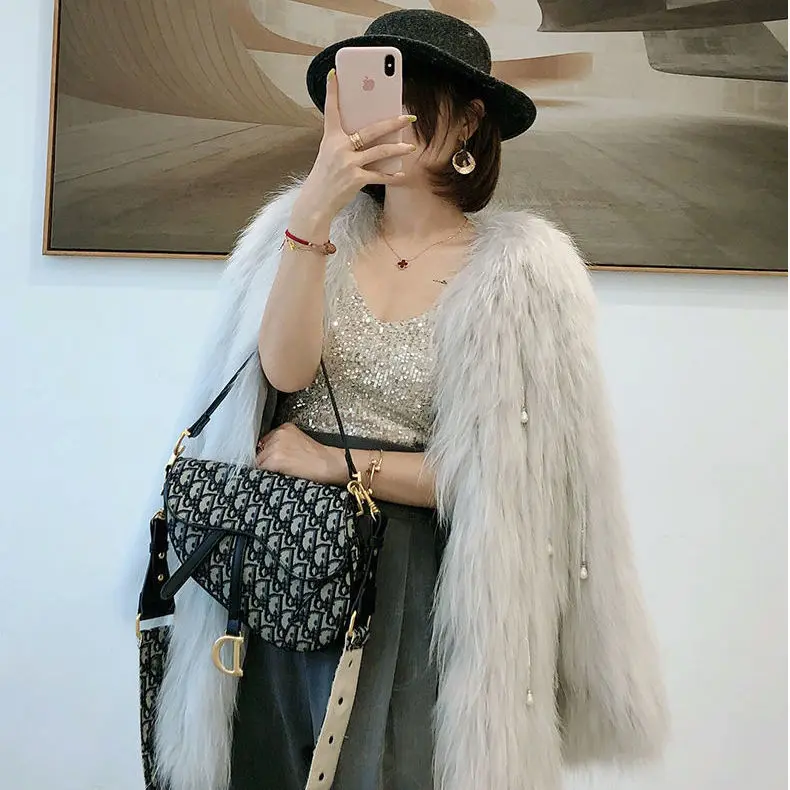 Fox Fur Raccoon Fur Feather Imitation Fur Fashion Coat Female Middle Long Thin Pearl Pendant Fringe Casual Coat Female