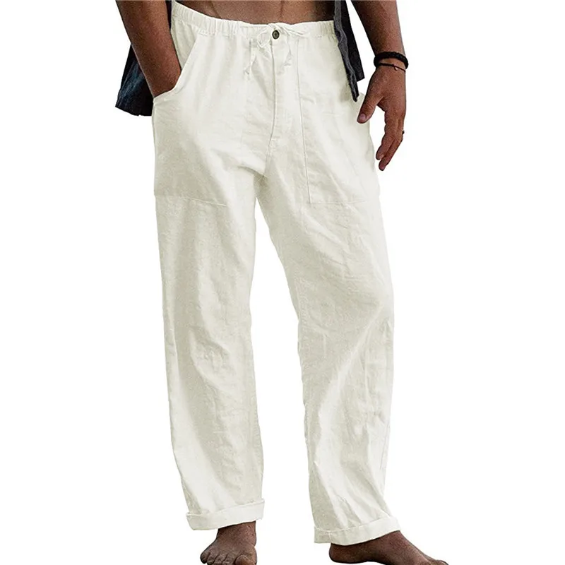 

White Cotton Linen Pants Men 2022 Casual Loose Lightweight Yoga Trousers Mens Summer Beach Long Pants with Drawstring Button Fly