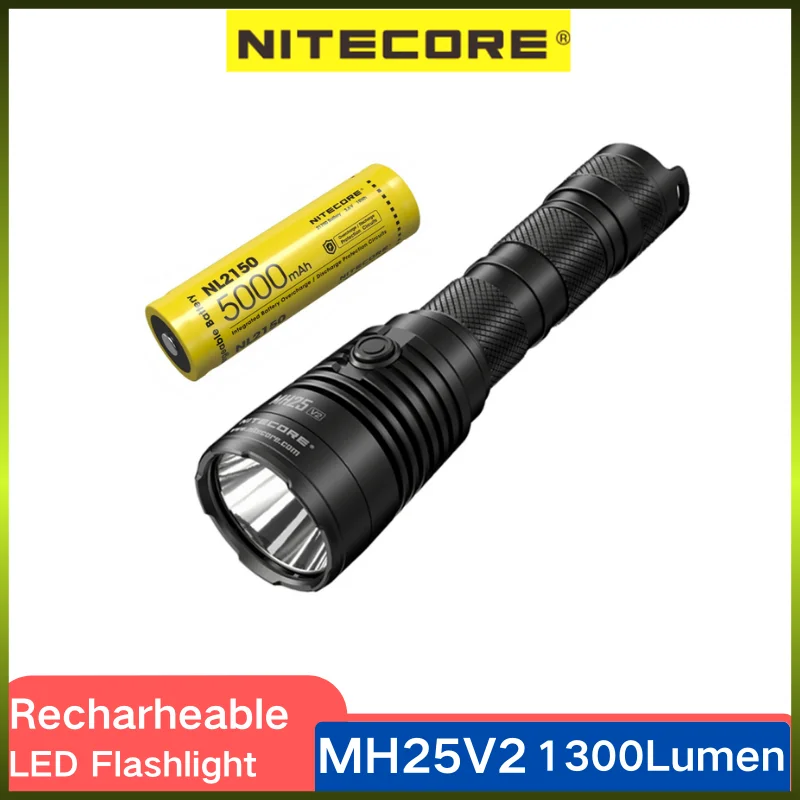NITECORE MH25 V2 Tactical Flashlight USB-C Rechargeable 1300LM Long range 475M With 5000mAh Battery For Activity Gear, Hunting
