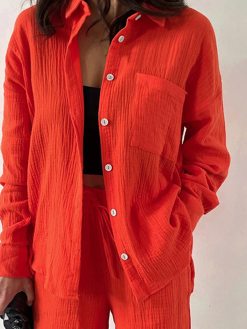 

2022 Women Autumn Winter Solid Orange Holiday Shorts Sets Loose Fit Outfits Casual Long Sleeve Suit 2 Two Piece Set For Women