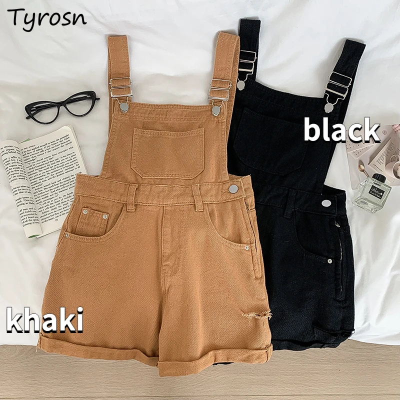

Denim Rompers Women Stylish Pure Simple Daily Streetwear Summer All-match Retro Hole Korean Style Colleges Loose Casual Classic