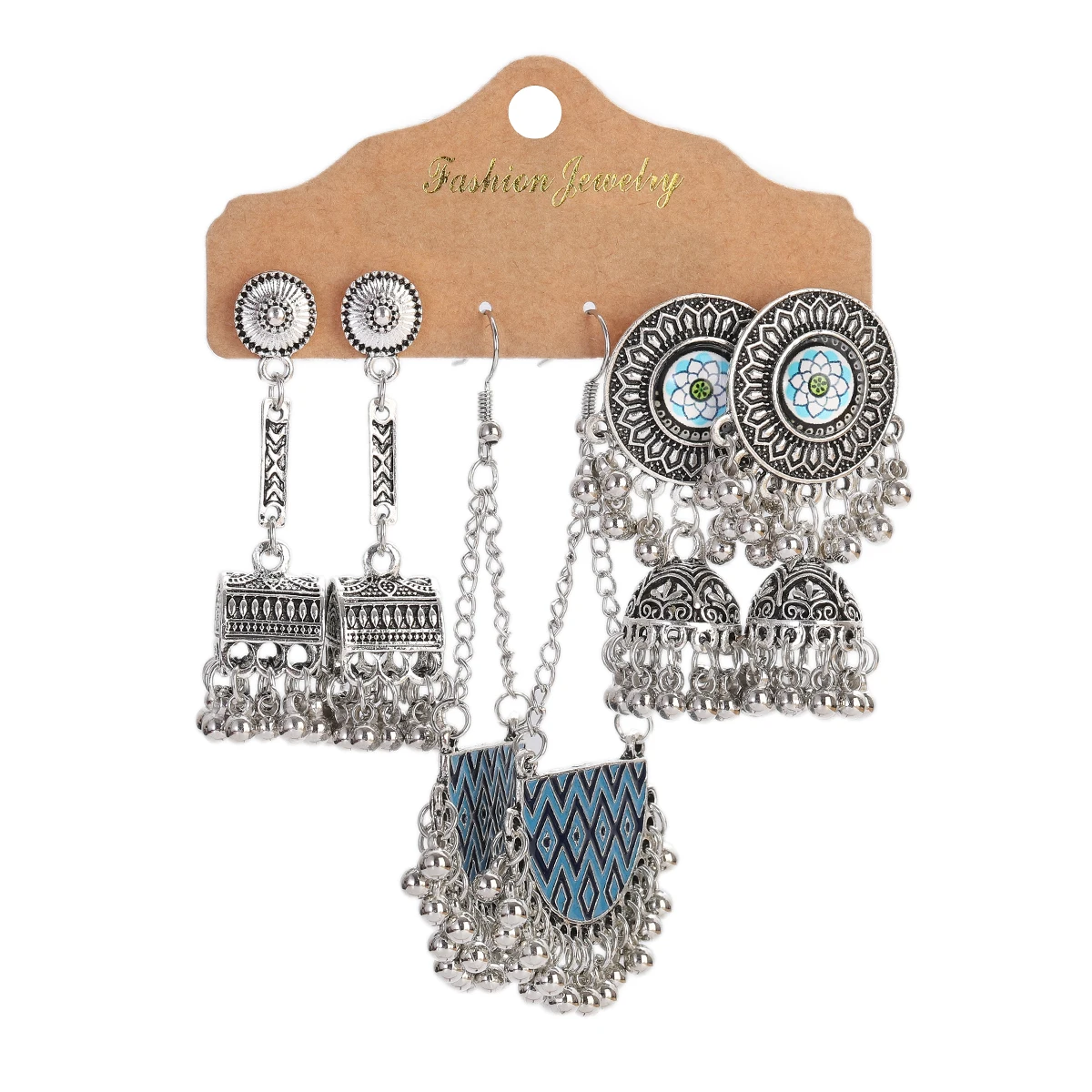 

Vintage Silver Color Women Earring Set Indian Jewelry Bells Retro Party Female Tassel Jewelri Pendientes Mujer
