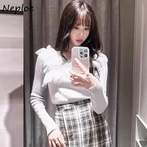 Neploe Preppy офисный женский пуловер с разрезом в горошек, вязаная вуаль в стиле пэчворк, вязаный японский свежий универсальный топ на шнуровке с оборками