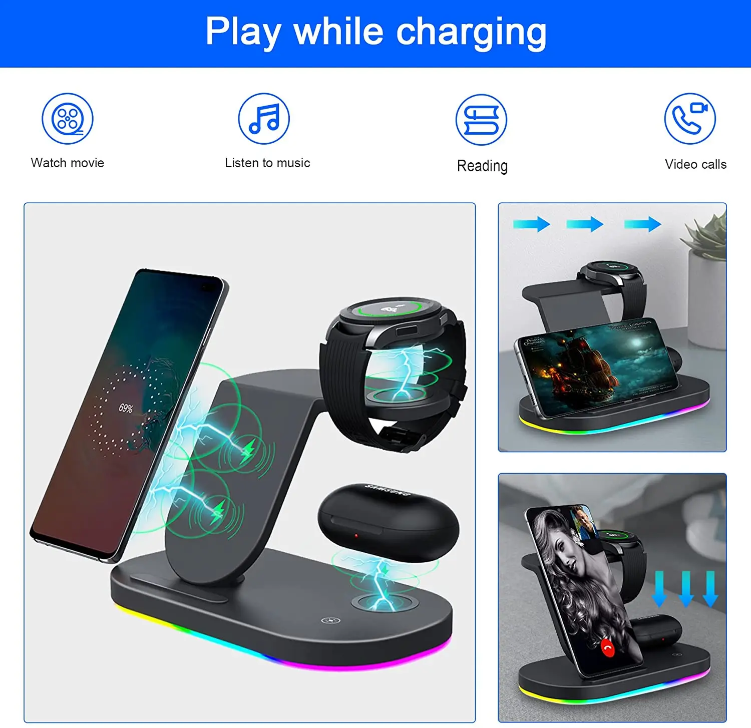 Беспроводная зарядная станция 3 в 1 быстрая зарядка для Samsung Galaxy S22/S21/S20/S10 Watch 4 Classic