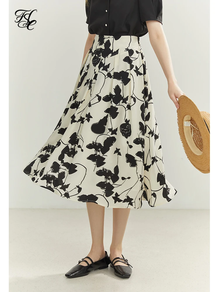 FSLE 2022 Summer Women's Vintage Floral French Court Style Skirt High Waist Ink Print A-line Beach Skirts Female Cloting