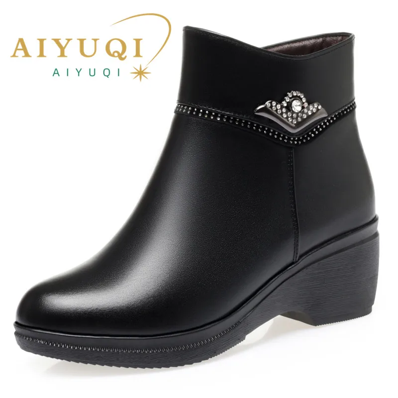 AIYUQI Women Winter Boots Mother Shoes Genuine Leather Wedge Women Ankle Boots High Heel Casual Large Size Snow Boots Women
