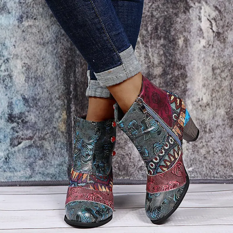 Women Sexy Shoes Splicing Printed Ankle Boots for Female PU Leather Retro Block High Heels Bohemian Ladies Autumn Short Boots