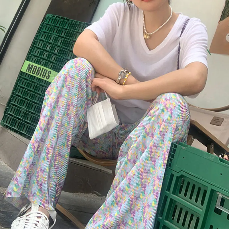

2022 Women's Summer New High Waist Casual Loose Pants Female Ice Silk Wide-leg Pants Ladies Straight Mopping Trousers P141