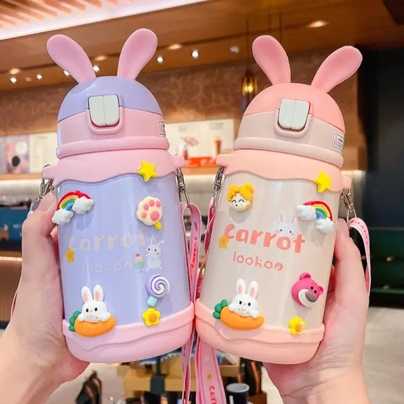 

500ml Cartoon Rabbit Ear Vacuum Flask Sealed Leak-proof Stainless Steel Anti-fall Outdoor Rabbit Ear Vacuum Flask With Lanyard