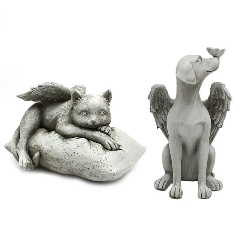 

20cm Resin Cemetery Angel Wing Cat Dog Statue Memorial Pet Figurine Home Decor Garden Courtyard Ornaments Decoration Gift