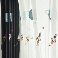 cartoon curtains for kids boy room bedroom living room window embroidered tulle spaceship black blackout planet white 02