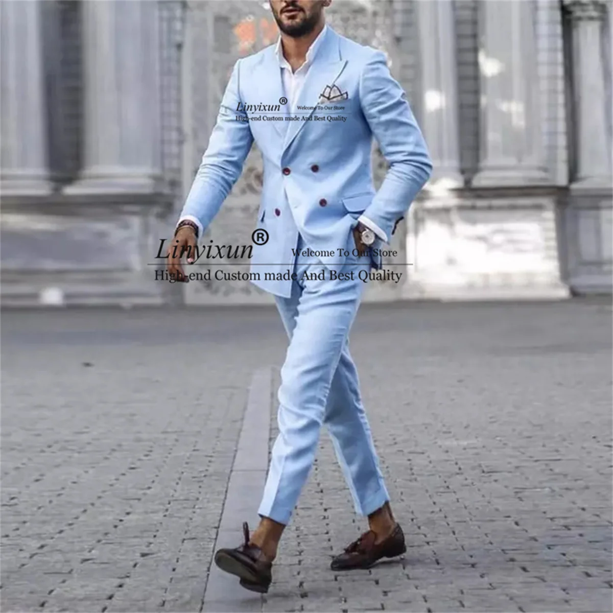 

Небесно-голубые свадебные костюмы для мужчин, двубортные смокинги для жениха, комплекты из 2 предметов, мужской тонкий строгий костюм для жениха