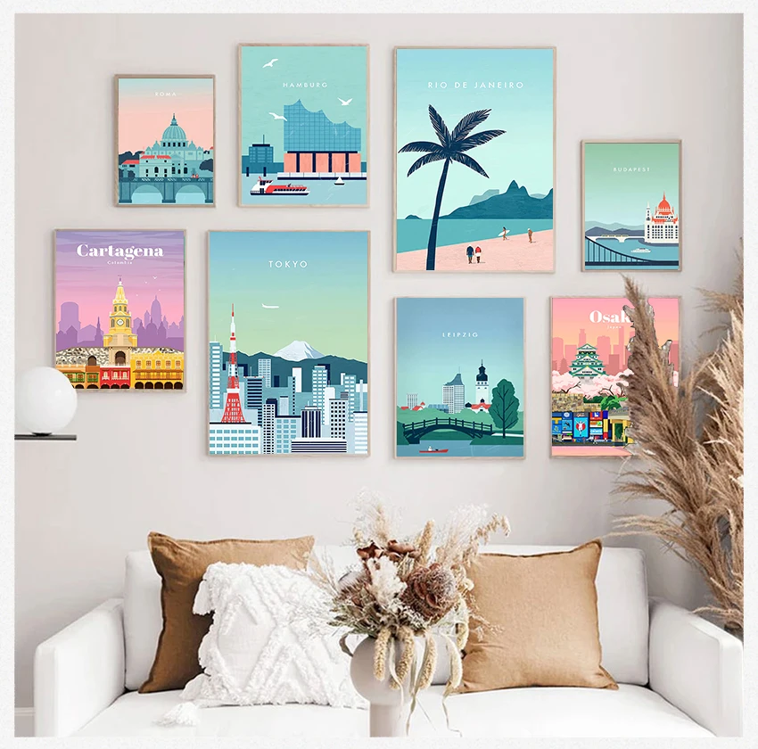 

Canvas Painting Travel Print Picture Home Decoration Color Wall Art Poster Cartoon City Silhouette People And Nature Landscape