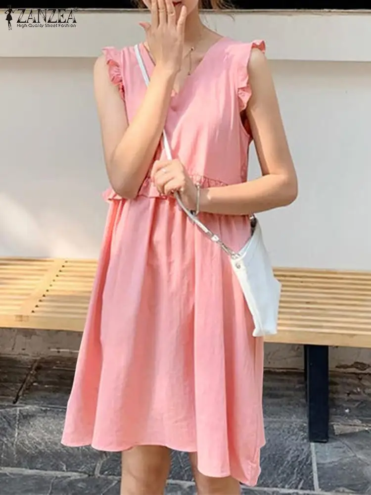 

Платье ZANZEA женское летнее с V-образным вырезом, модный однотонный Повседневный Свободный мини-сарафан без рукавов с оборками, 2023