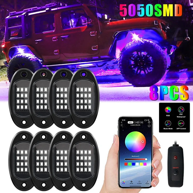 

Pods RGB LED Rock Lights Kit Underglow Multicolor Neon Light Pod With Bluetooth App Control For Truck ATV UTV SUV