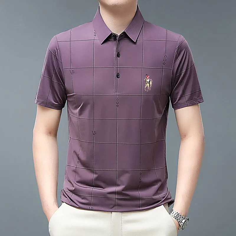 Men's summer embroidered polo shirt short sleeved casual business ice polo shirt plaid pattern T-shirt golf clothing men