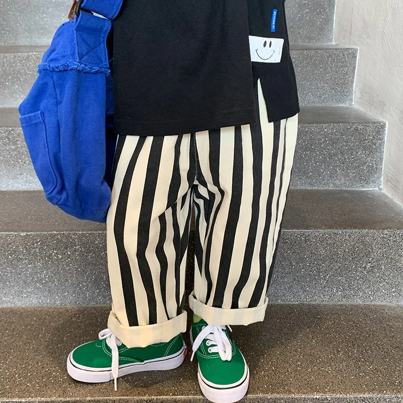 

Spring Autumn Kids Vertical stripe straight trousers Boys and Girls cotton loose casual pants