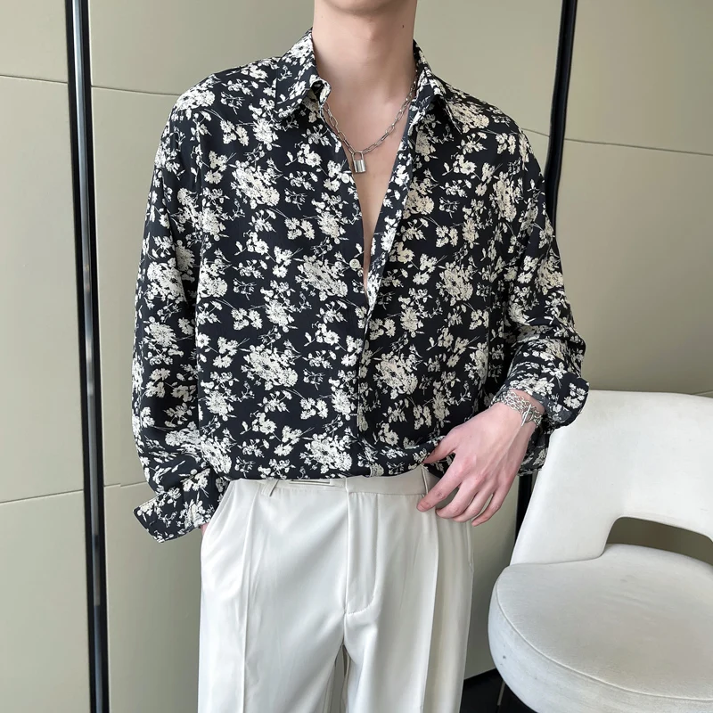 2022 Summer Korean Floral Shirts for Men Long Sleeve Casual Social Party Tuxedo Blouse Vintage Streetwear Camisas Para Hombre