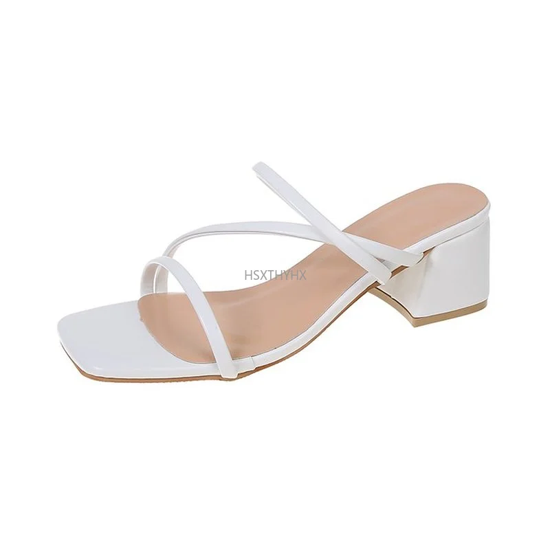 

Women Sandals Ladies Square Heels Elegant Summer Slippers Outside Cross Tied Leather Female Slides 2022 Fashion Woman Sandals