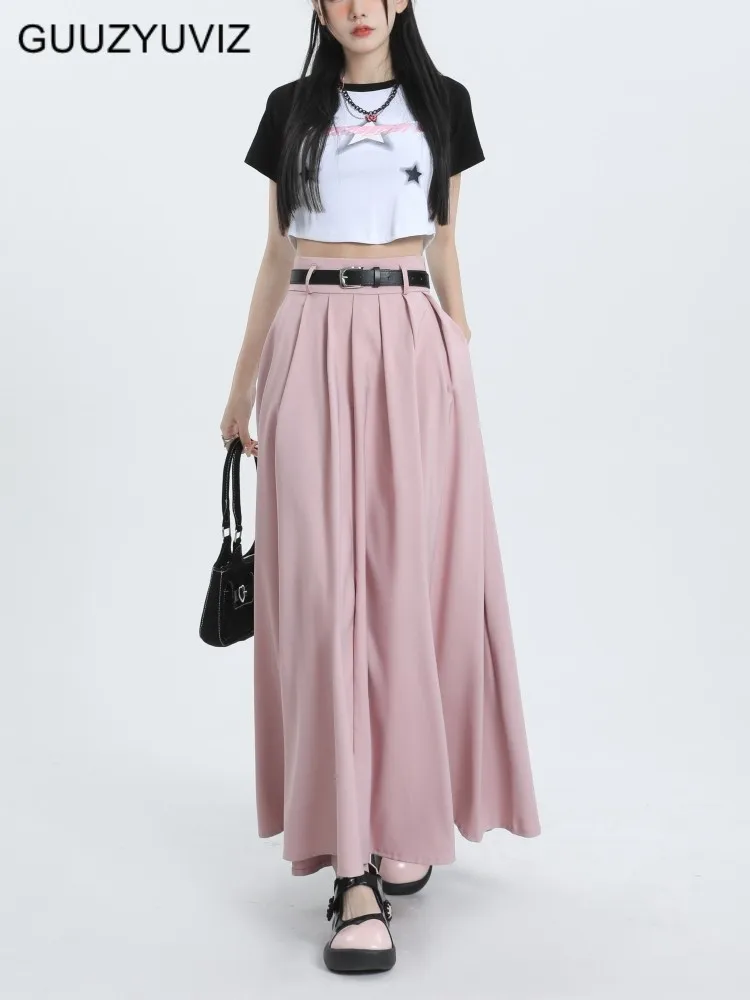 

GUUZYUVIZ летний розовый длинный костюм плиссированная юбка для женщин трапециевидная Повседневная