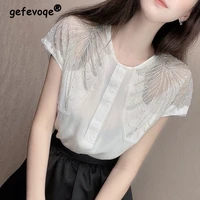 2022 summer solid color all match loose casual tops women o neck diamond inlay pullover female hollow out black white lady tees