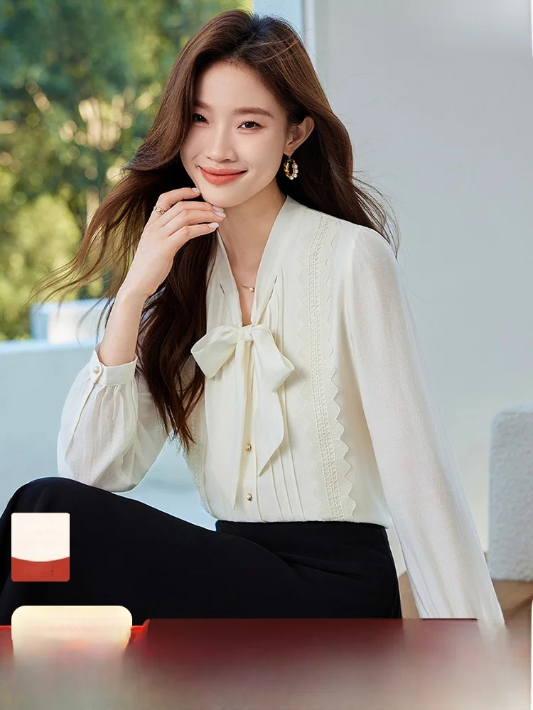 La Chabell 7M 2024 осенние новые жаккардовые рубашки с бантом элегантные для поездок на