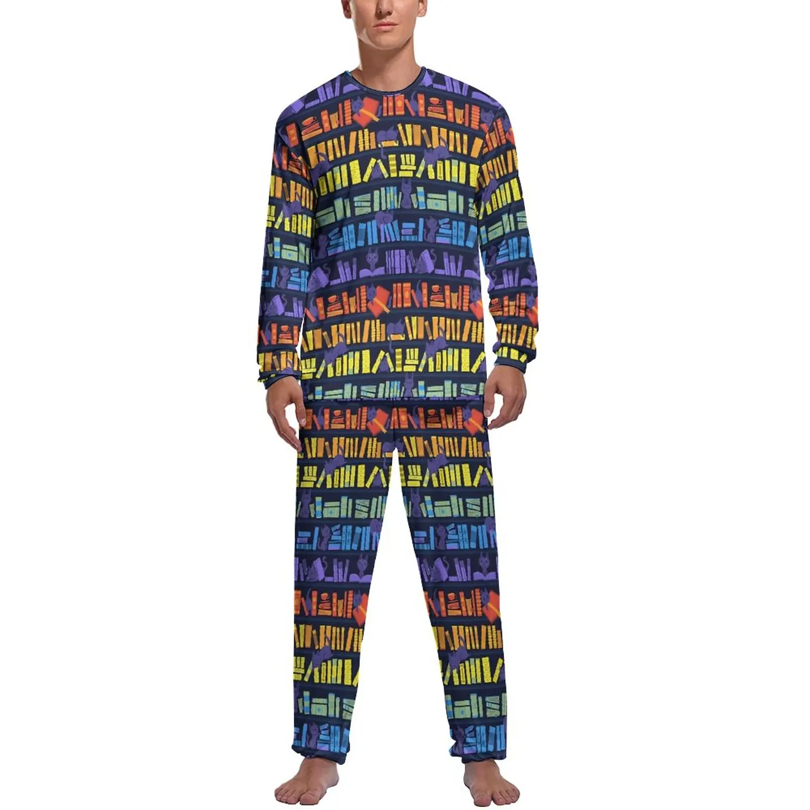 

Library Cats Pajamas Autumn 2 Pieces Colorful Kittens Romantic Pajama Sets Man Long Sleeves Casual Printed Sleepwear