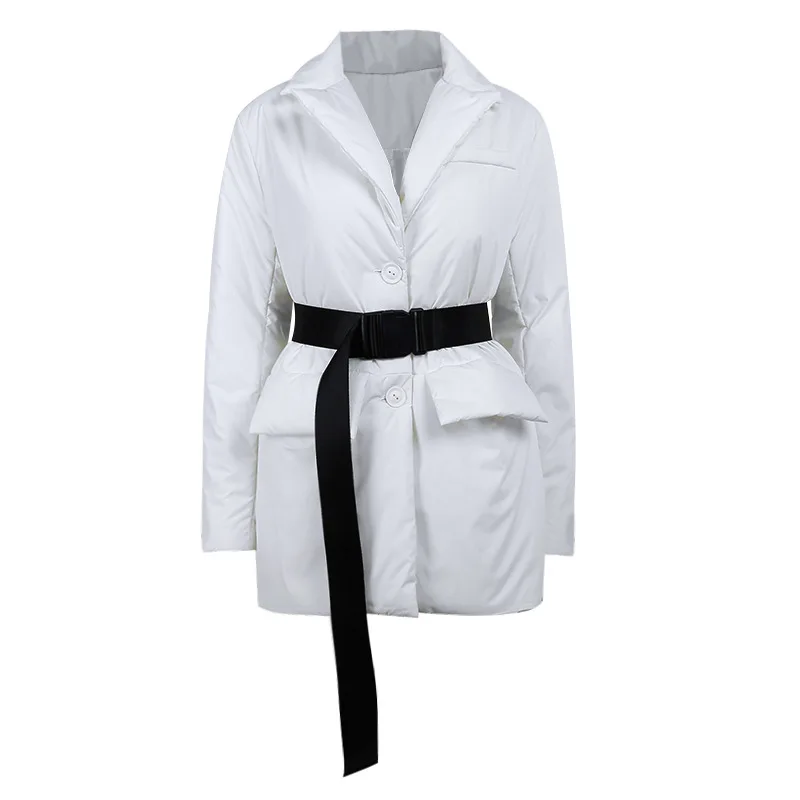 Autumn and Winter Waist Mid-length 2021 Fashion Padded Jacket with Lapel Temperament Pure Color Bright Face Long-sleeved Jacket