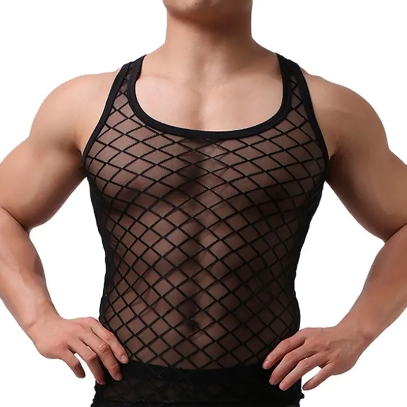 

CLEVER-MENMODE Fishnet Men Sexy Mesh Tank Tops Transparent Sleep Tops Underwear Singlet Sleeveless Vest Undershirt Sleepwear
