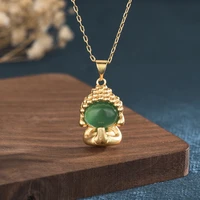 china style jewelry retro ruyi jade pendant necklace gold buddha green hetian jade couple necklaces for men and women 1318mm