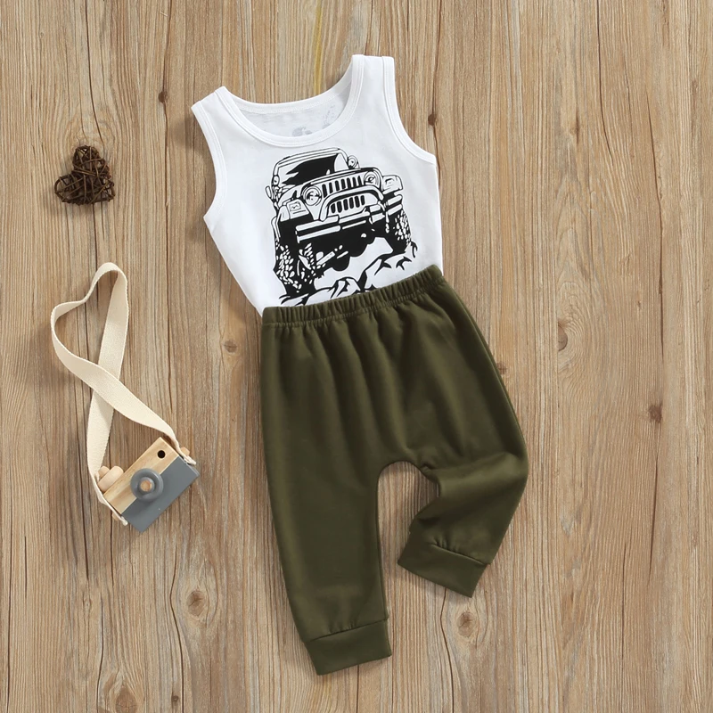 

Newborn Infant Boys Long Pants Outfits Sleeveless Letter Printed Round Neck Tank Tops + Elastic Waist Solid Color Pants 2pcs Set