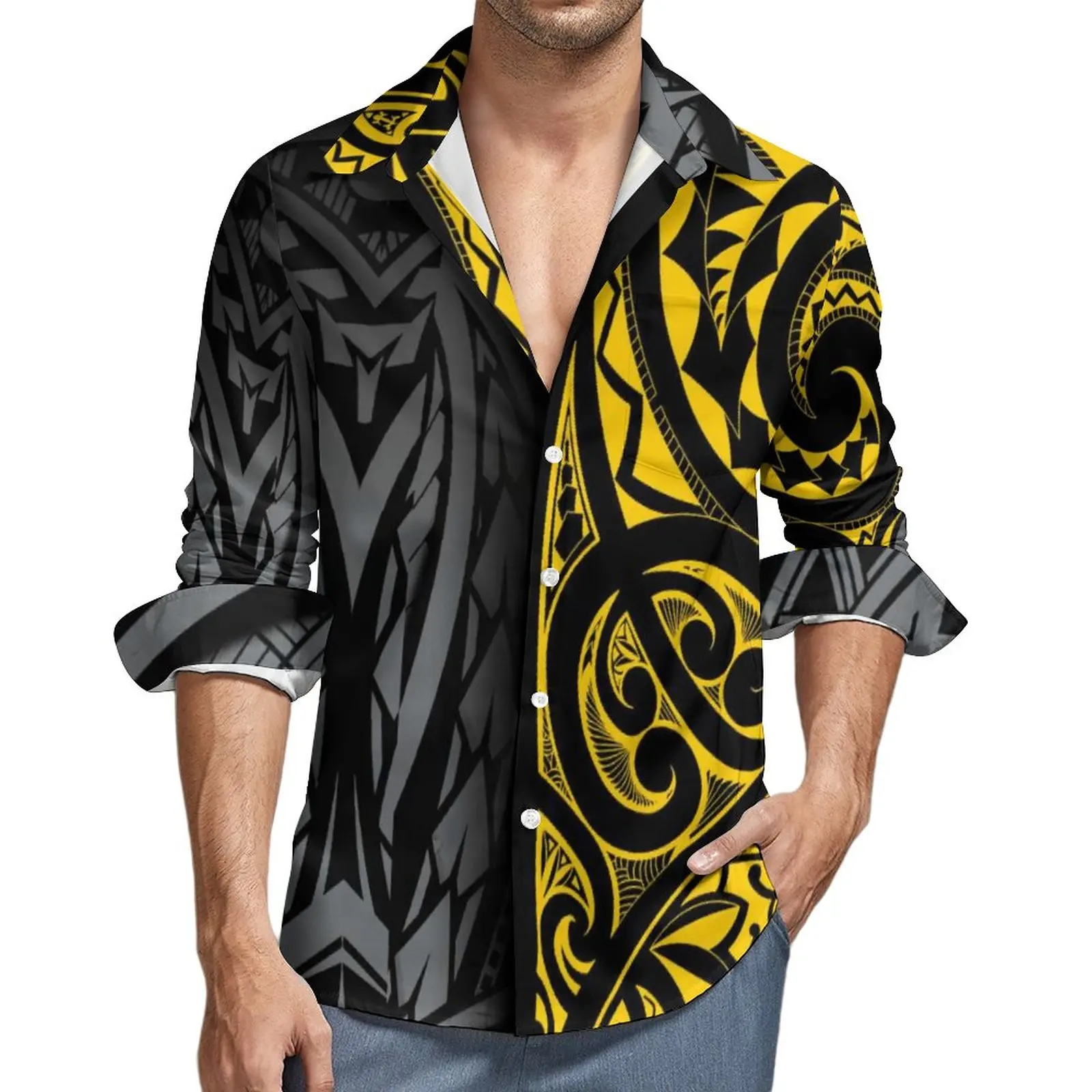 Handsome Cool Mens Long Sleeve Shirt Personality Street Apparel Polynesian Tradition Tribal Design Mens Slim Long Sleeve Shirt