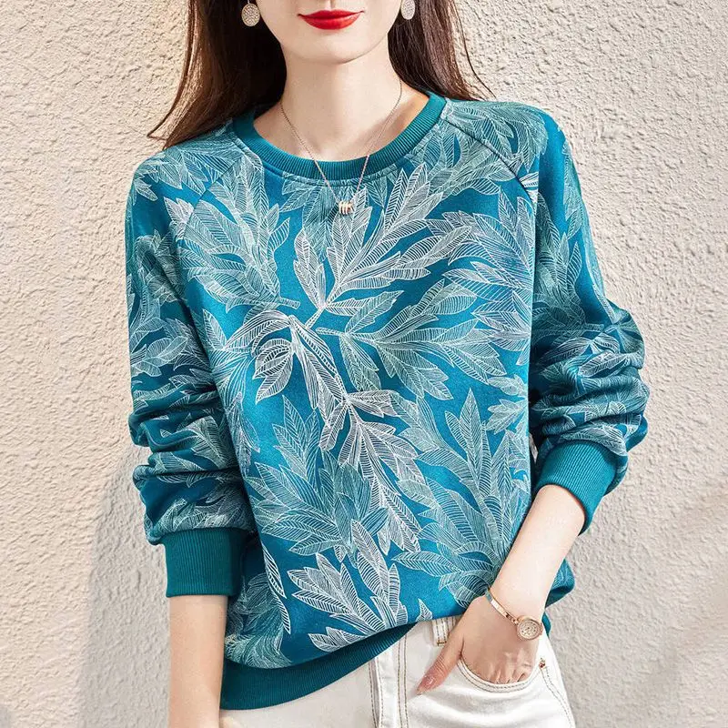 velvet women's long-sleeved autumn 2021 new outer wear spring  autumn style print Korean round neck loose top