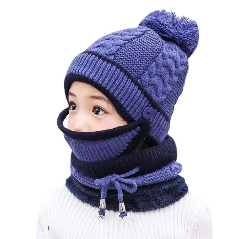 

Fleece Lining Girls Boys Knitting Hat Full Face Cover Hedging Hat Scarf Set Baby Bonnet Kids Caps Kids Winter Hats