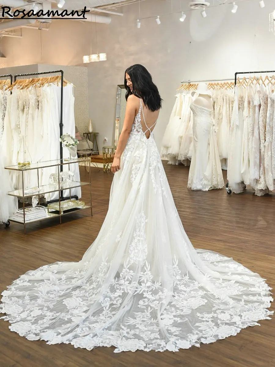 

Illusion Sleeveless Bohemian Wedding Dresses A-Line Backless Appliques Lace Country Bridal Gowns