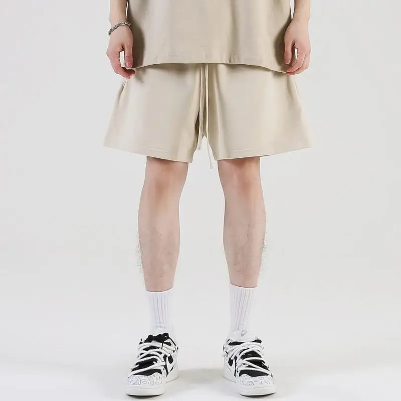 380g Men's Summer Casual Sports Shorts Soft Plain Beige Quick Dry Fitness Trunks Plus Size Mid Waist String Running Pocket Short
