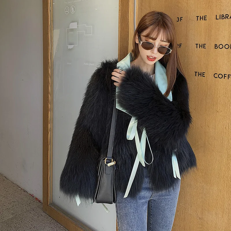

Raccoon Dog Fur Winter Women's Jackets Casual Short Single Breasted Sheepskin Lapel Removable Bow Ribbon Knitting Real Fur Coat