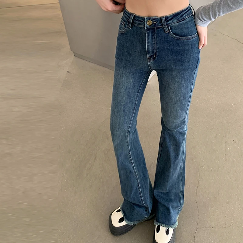 Low Waisted Y2K Flare Jeans Aesthetic Retro Cute Denim Sweatpants Streetwear Fashion Harajuku Casual Cowboy Trousers With Pocket