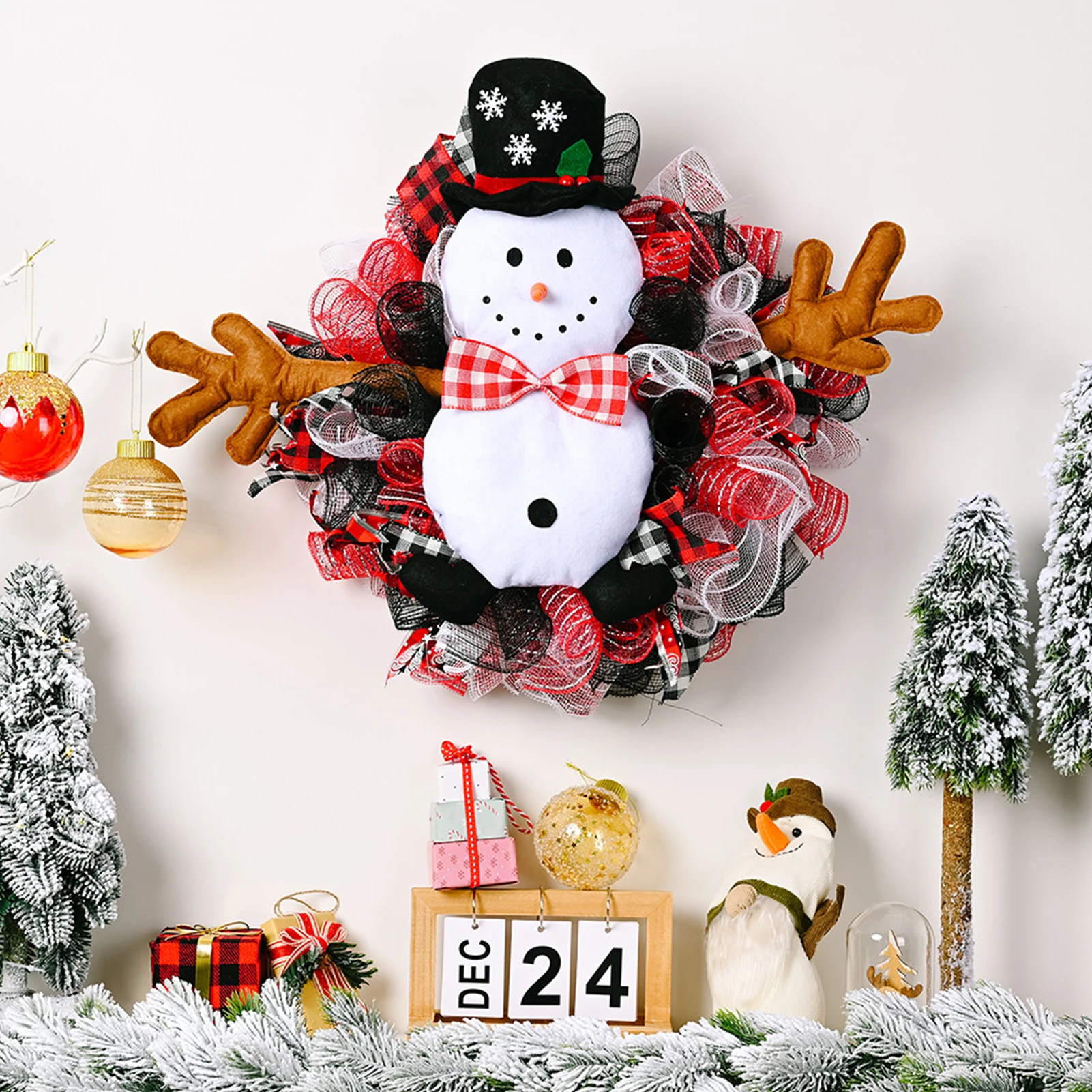 

Искусственные рождественские венки, шелковая лента, снеговик с черной шляпой, оленьи рожки, Рождественский венок, украшение для домашней ро...