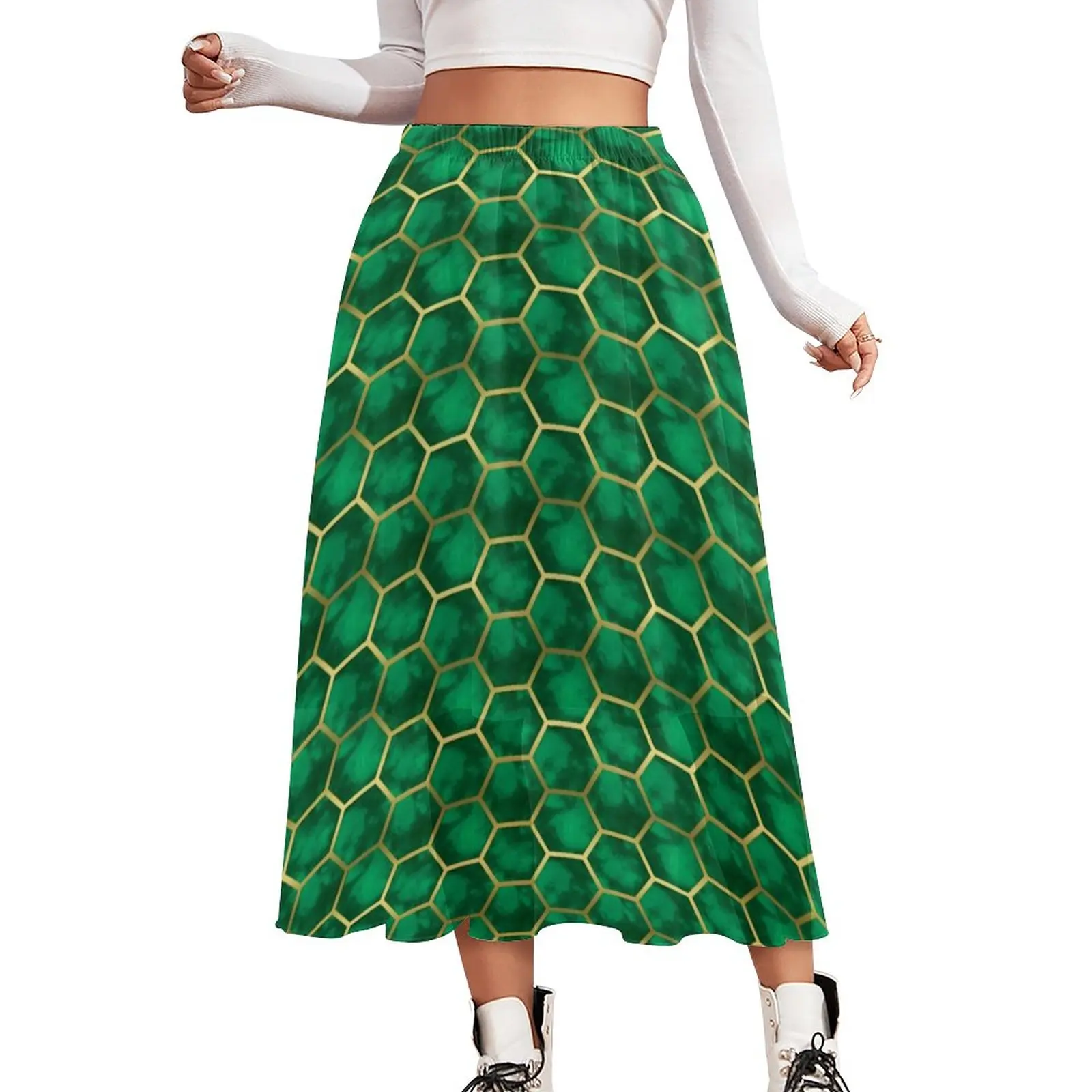 

Green Metallic Print Skirt Gold Honeycomb Pattern Cute Long Skirts Summer Y2K High Waist Chiffon Print Oversize Casual Skirt