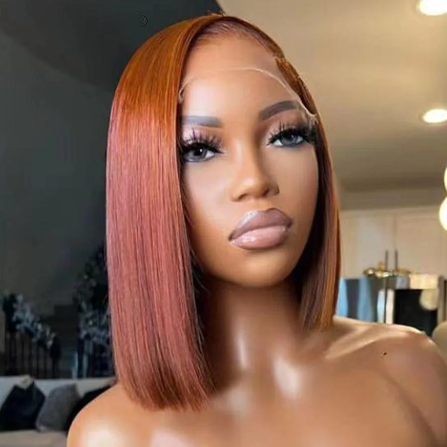 

Middle Part Soft Preplucked Short Bob Ginger Orange Silky Straight Glueless Lace Front Wigs For Black Women With Baby Hair Daily