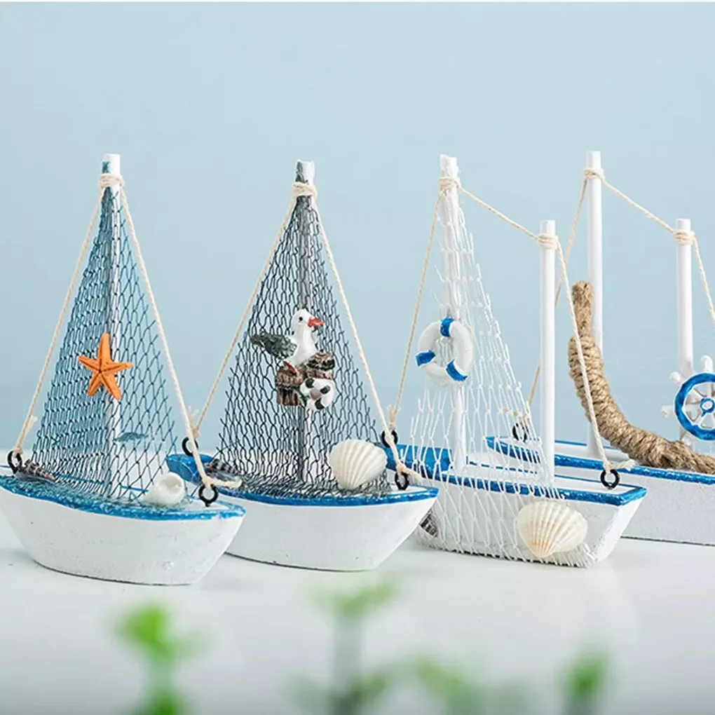 

Mini Mediterranean Style Marine Nautical Wooden Blue Sailing Boat Ship Wood Crafts Ornaments Party Room Home Decoration