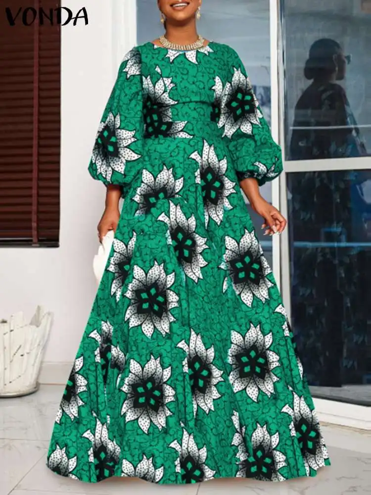 

Bohemian Dress 2023 VONDA Women Summer Robe Femme Round Neck Three Quarter Floral Print Long Sundress Bohemian Vestidos Oversize