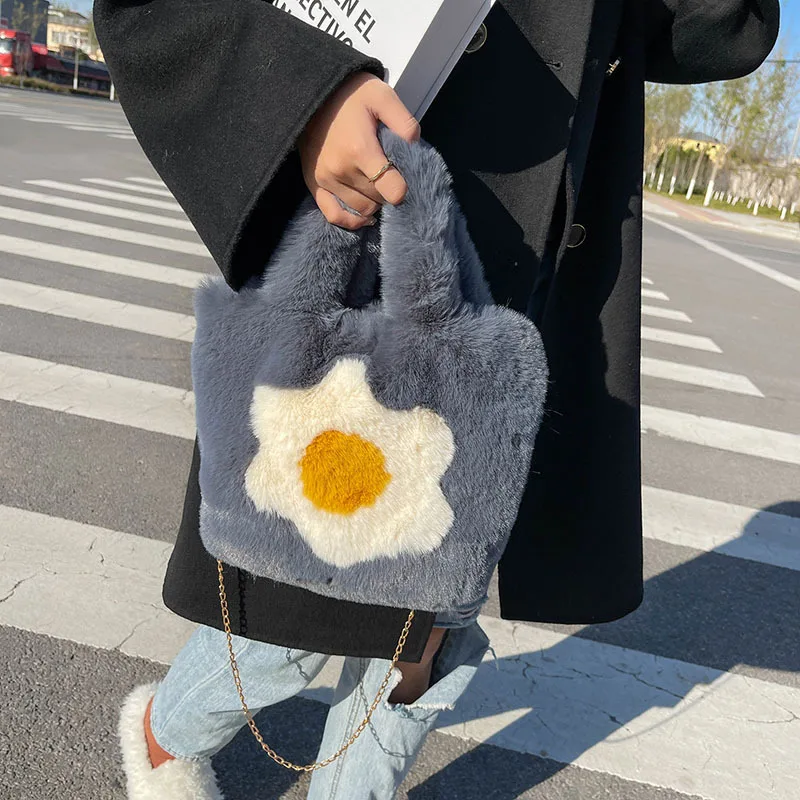 Зимняя плюшевая Сумка-тоут из искусственного меха с цветами для женщин брендовая