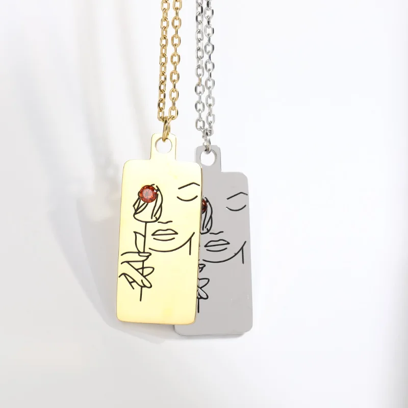 

New Stainless Steel Face Rose Pendant Necklaces For Women Gold Plated Square Inlaid with Cubic Zirconia Zircon Necklace Jewelry