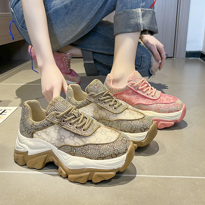 2023 NewWomen Shoes  Rhinestone Women Sneakser Diamond Breathable Luxury Designers Casual Thick Bottoms Dad Shoes Zapatos Mujer